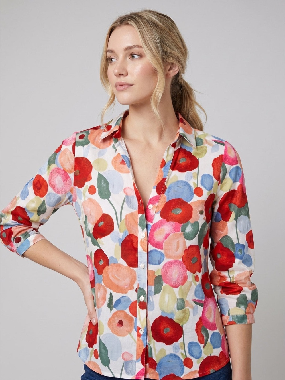 Women's Floral Dot Button-Front Shirt - Red Multi Size Large Blouse NWOT